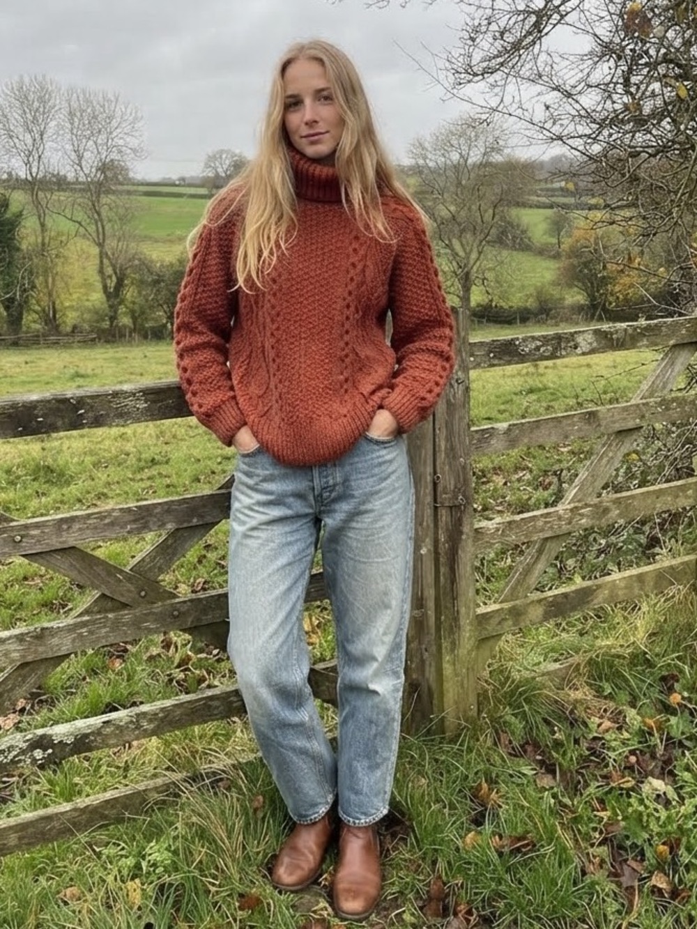 Chunky Knit Cable Turtleneck Sweater M Heavyweight Rust Orange Cozy Cottagecore